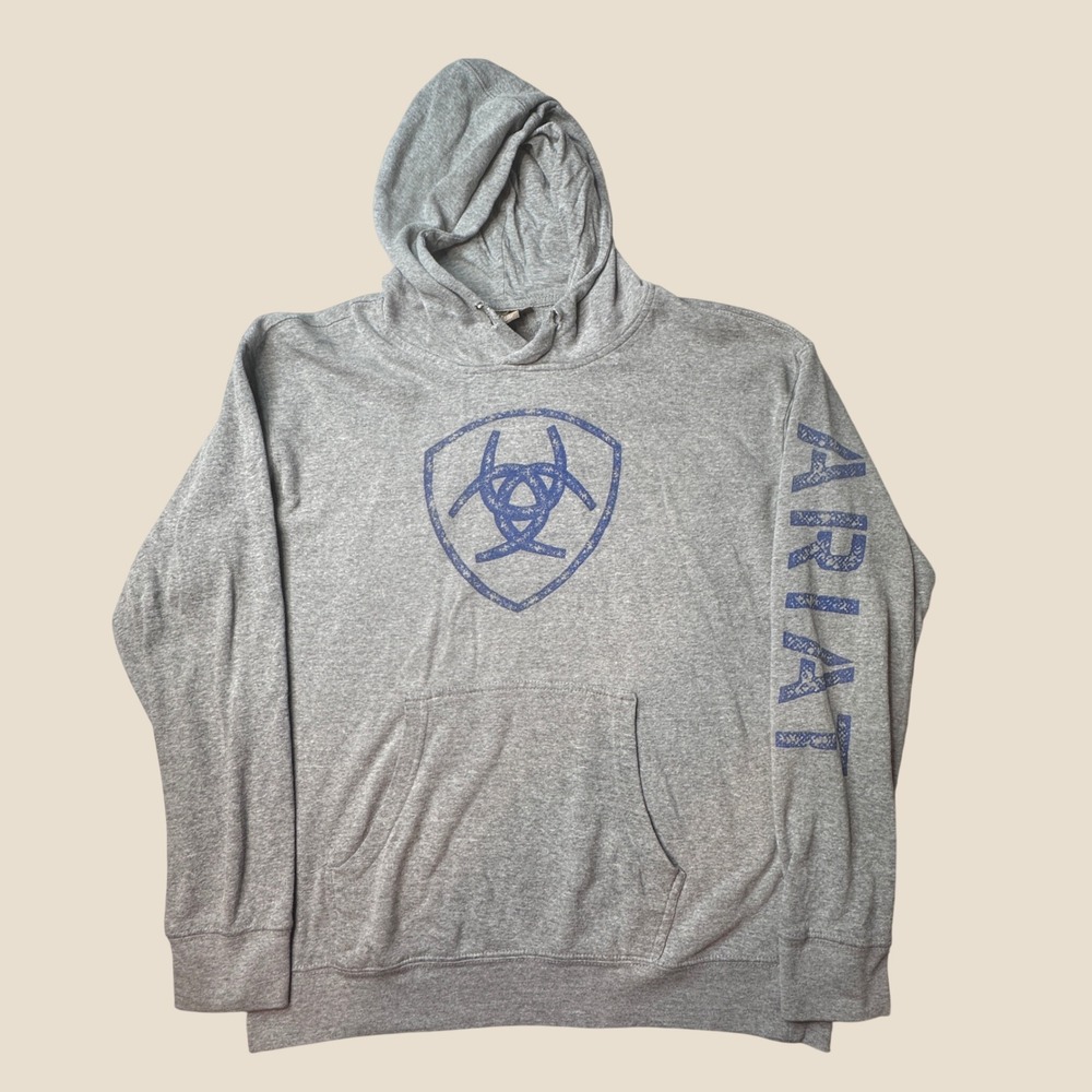 Ariat Hoodie Mens XL Gray Shield Logo Graphic Sleeve Print Pullover Sweatshirt